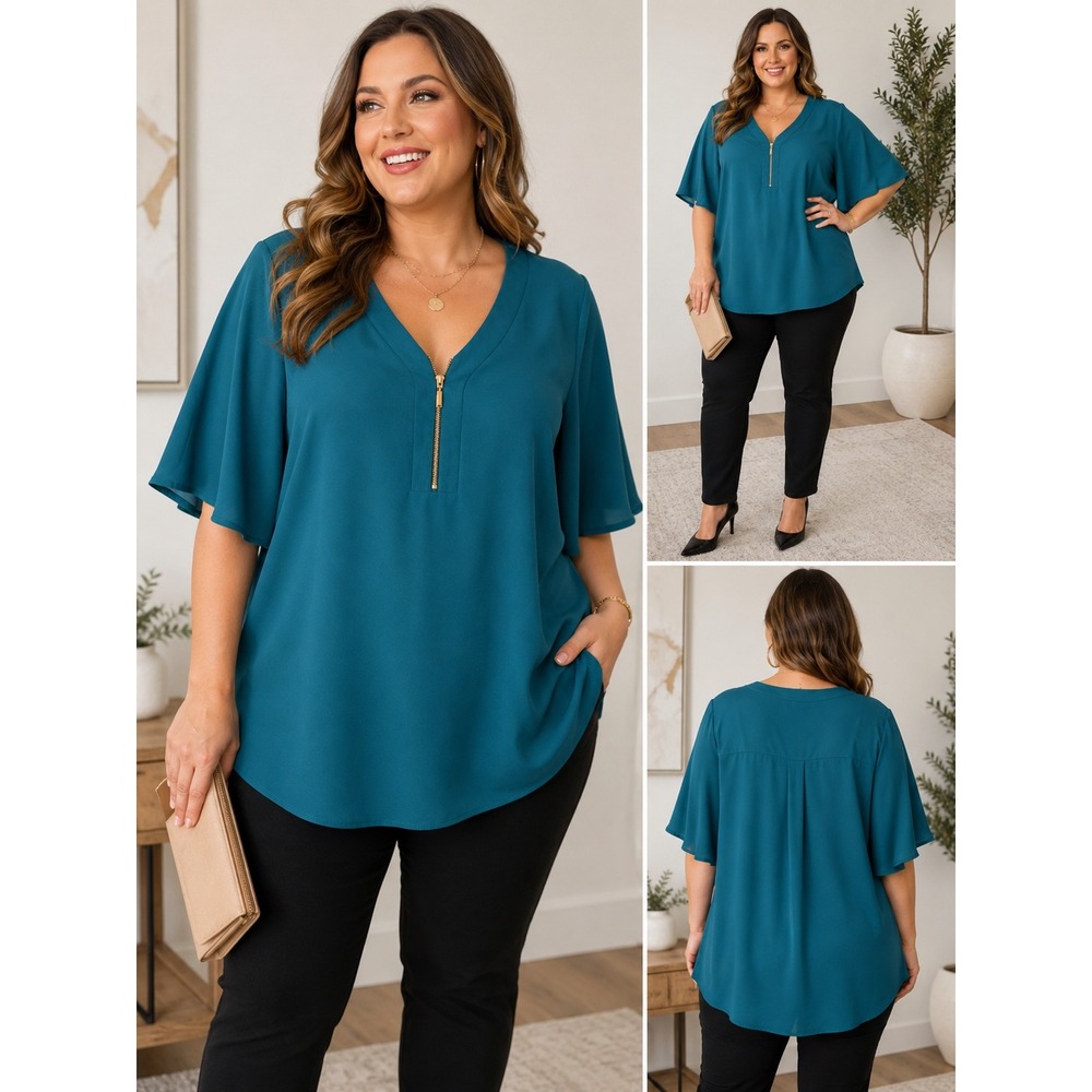 Avenue Blouse Womens 26/28 Teal Zip V-Neck Flowy Tunic Top Plus Size